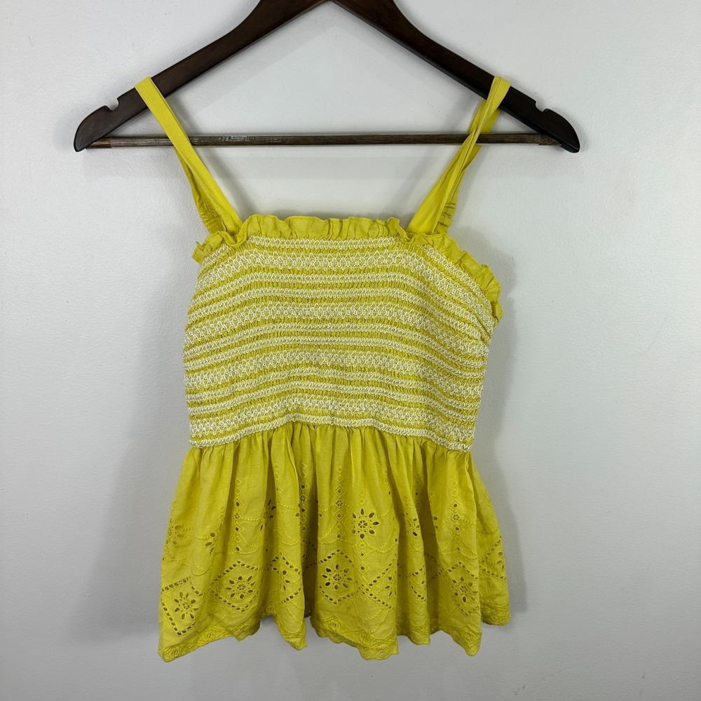 Japna Smocked Eyelet Peplum Top M Yellow Boho Cotton Cottagecore Festival‎ Indie